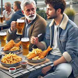 men eating beer and fish and chips