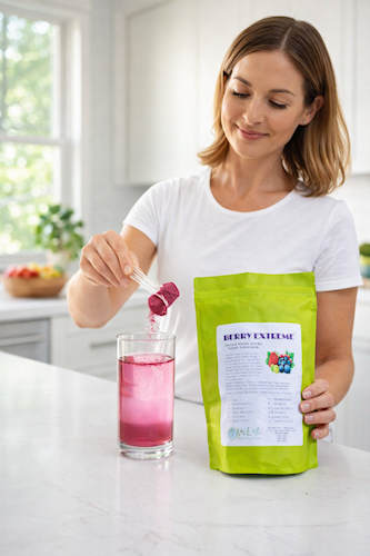 woman mixing berry extreme