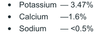 	Potassium 	Calcium 	Sodium  3.47% 1.6%  <0.5%